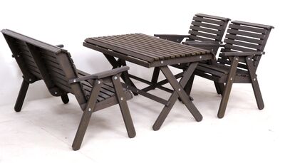 Grön pöytä+2-tuolia ja penkki harmaa