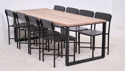 Edna lankkupöytä 220x90cm antiikkipetsattu/musta+8kpl Kerala tuoleja