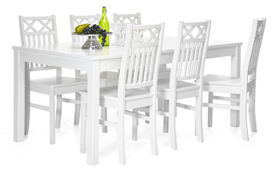 Vilja ruokaryhmä. Pöytä 140x90+40cm + 6-tuolia valkoinen